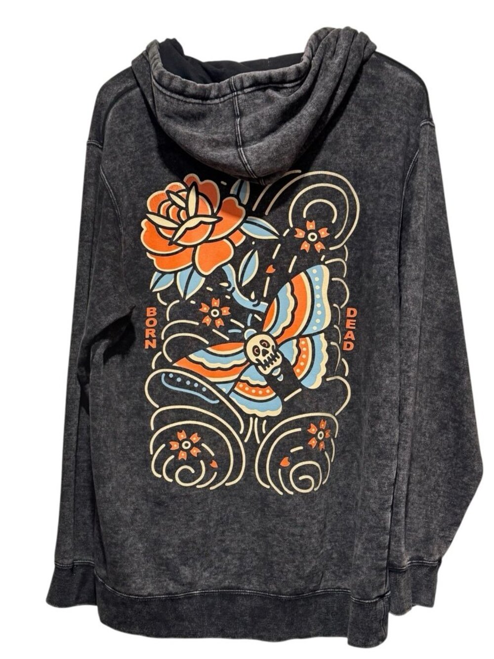 Born Dead Streetwear Womens sz XL Black Skull Rose Butterfly Graphic Hoodie